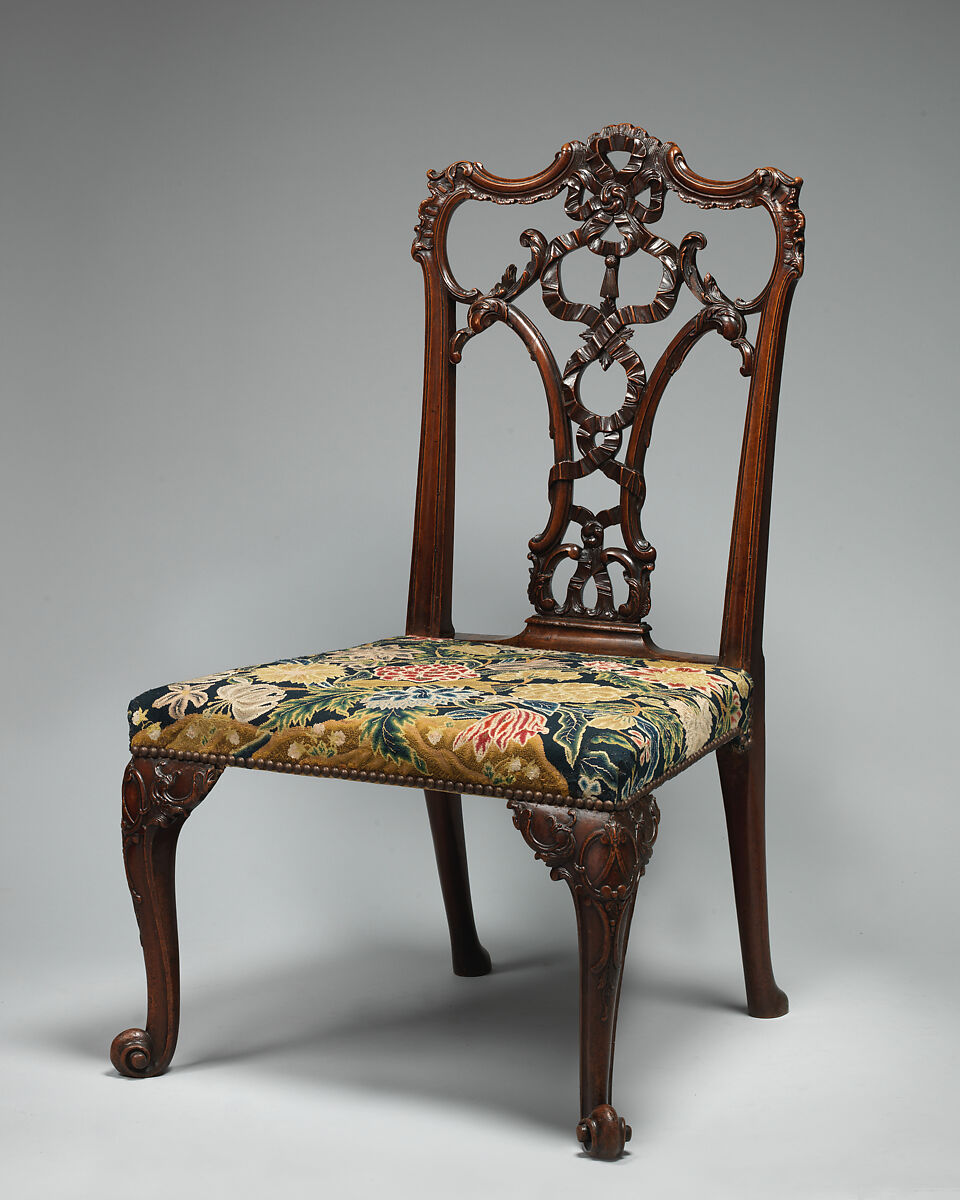Side Chair (one of a pair), After a design by Thomas Chippendale (British, baptised Otley, West Yorkshire 1718–1779 London), Mahogany; tent stitch embroidery on canvas, British
