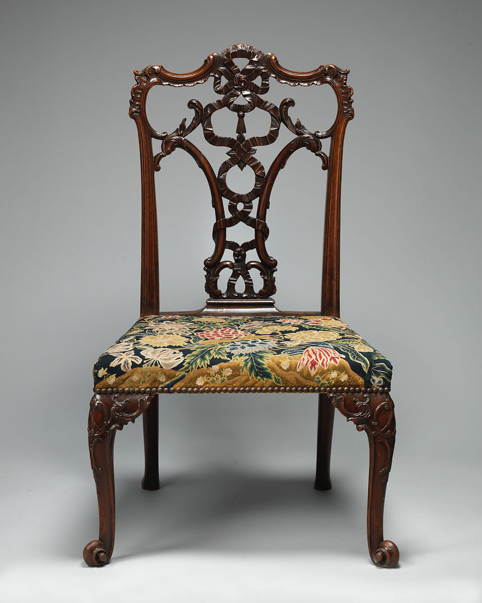 Side Chair (one of a pair), After a design by Thomas Chippendale (British, baptised Otley, West Yorkshire 1718–1779 London), Mahogany; tent stitch embroidery on canvas, British