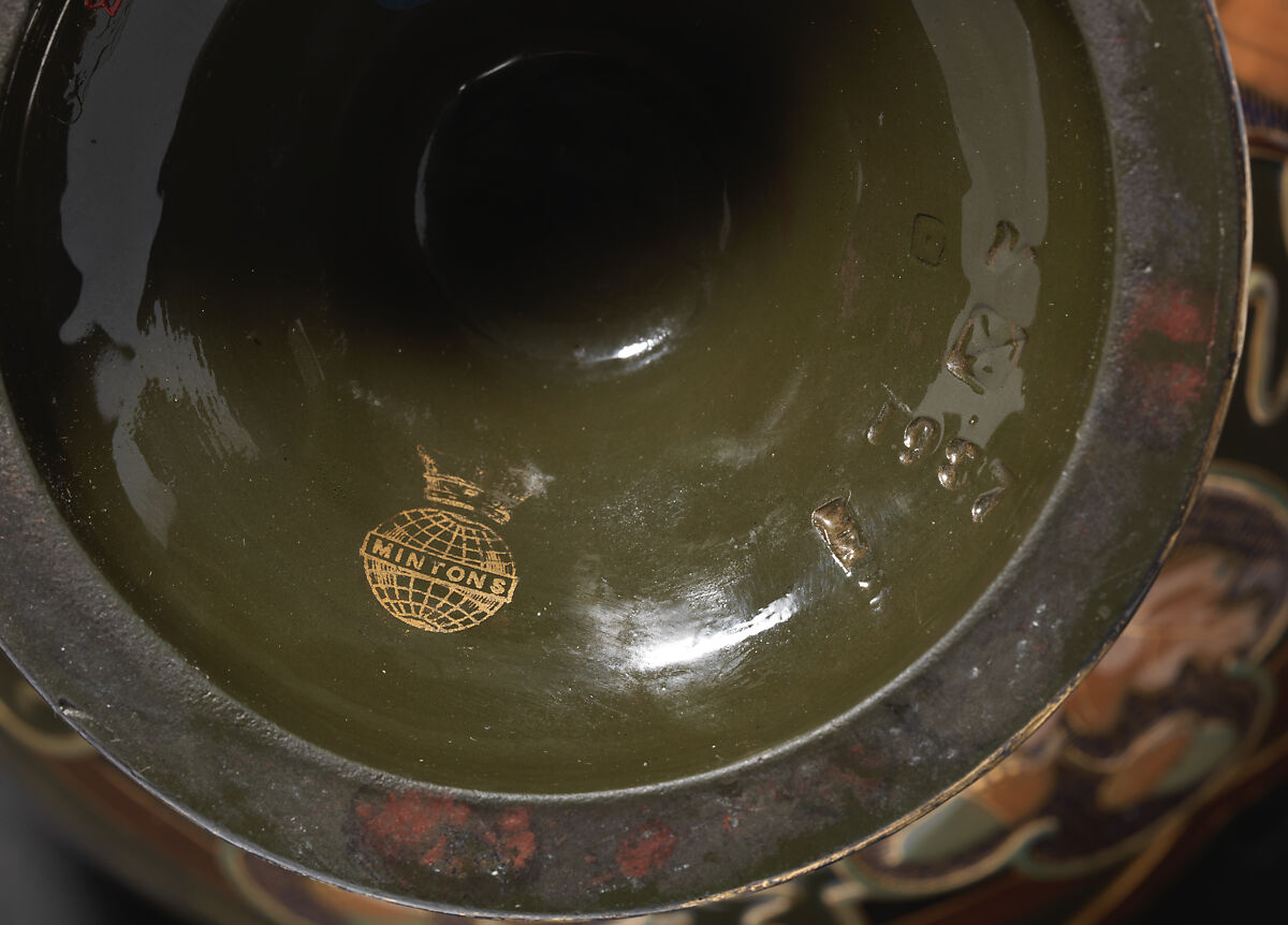 Olive-green ground vase with pâte-sur-pâte decoration, Minton(s) (British, Stoke-on-Trent, 1793–present), Bone china, with enamel and pâte-sur-pâte decoration and gilding and platinum , British, Stoke-on-Trent, Staffordshire