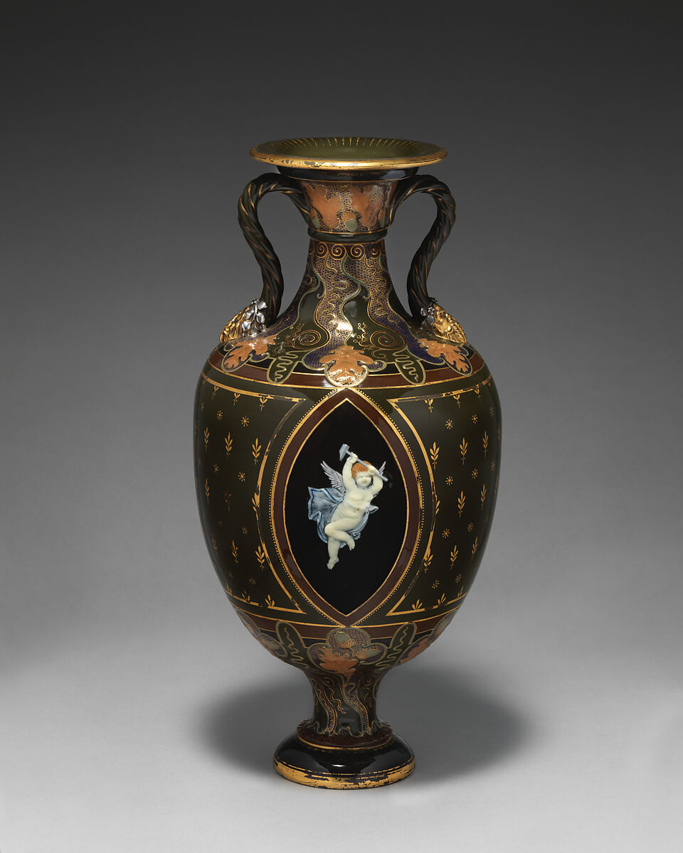Olive-green ground vase with pâte-sur-pâte decoration, Minton(s) (British, Stoke-on-Trent, 1793–present), Bone china, with enamel and pâte-sur-pâte decoration and gilding and platinum , British, Stoke-on-Trent, Staffordshire