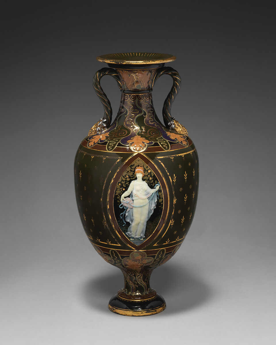 Olive-green ground vase with pâte-sur-pâte decoration, Minton(s) (British, Stoke-on-Trent, 1793–present), Bone china, with enamel and pâte-sur-pâte decoration and gilding and platinum , British, Stoke-on-Trent, Staffordshire 