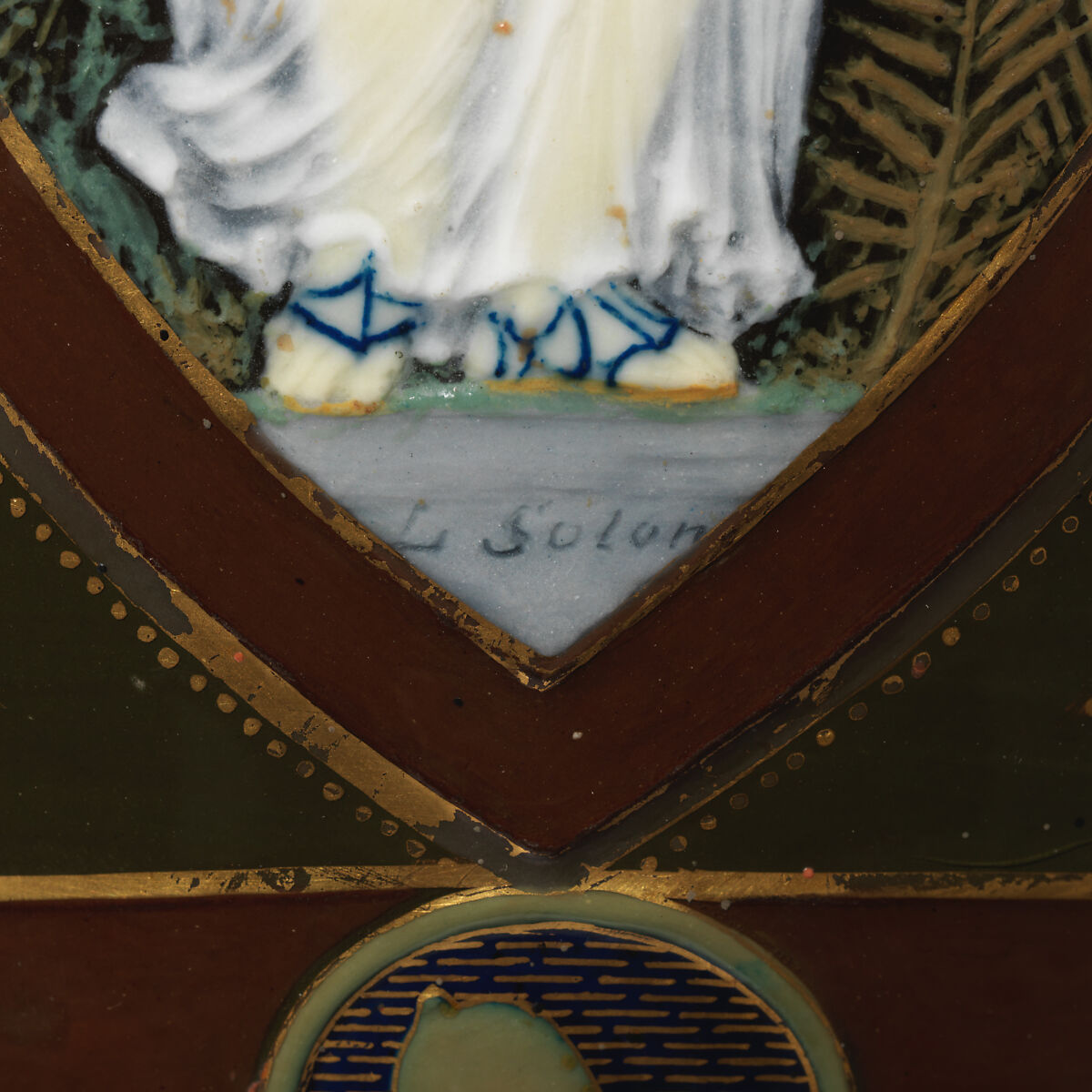 Olive-green ground vase with pâte-sur-pâte decoration, Minton(s) (British, Stoke-on-Trent, 1793–present), Bone china, with enamel and pâte-sur-pâte decoration and gilding and platinum , British, Stoke-on-Trent, Staffordshire