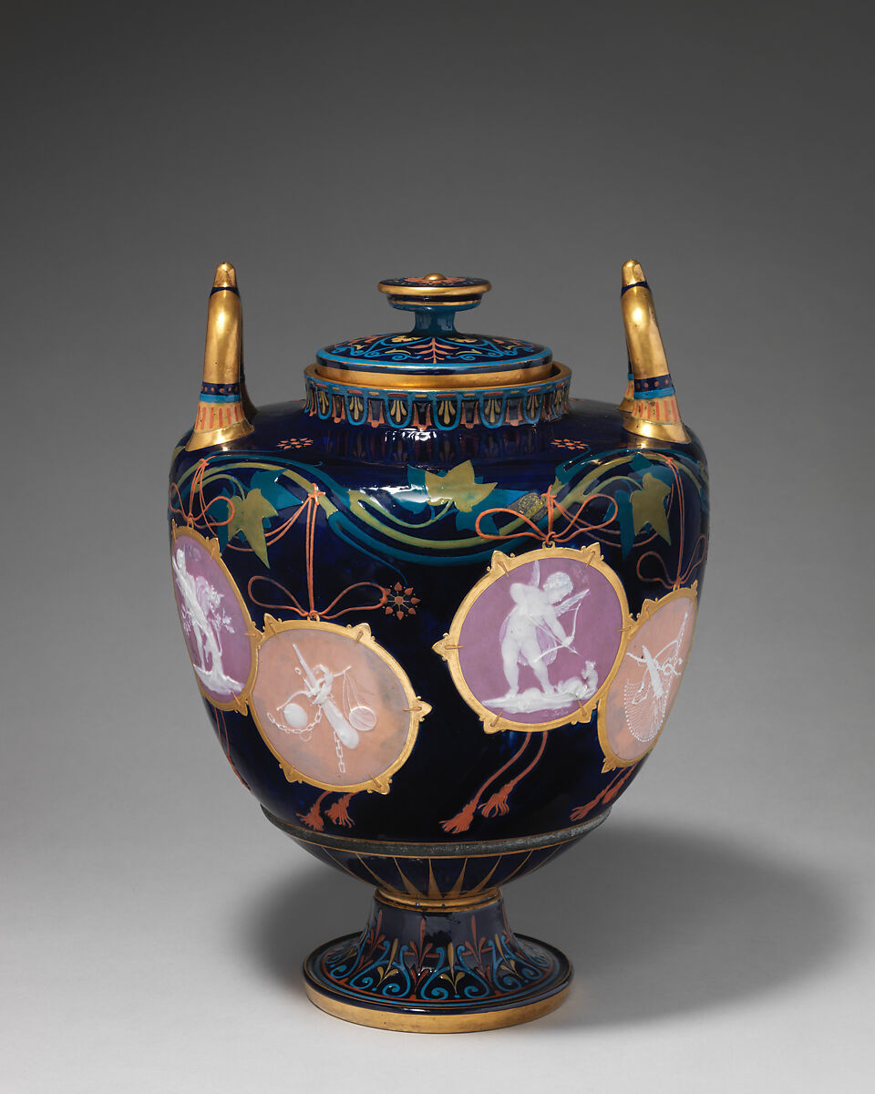 "Pompeian" vase with cover (one of a pair), Minton(s) (British, Stoke-on-Trent, 1793–present), Pâte-sur-pâte with gilding and enamel decoration, British, Stoke-on-Trent, Staffordshire