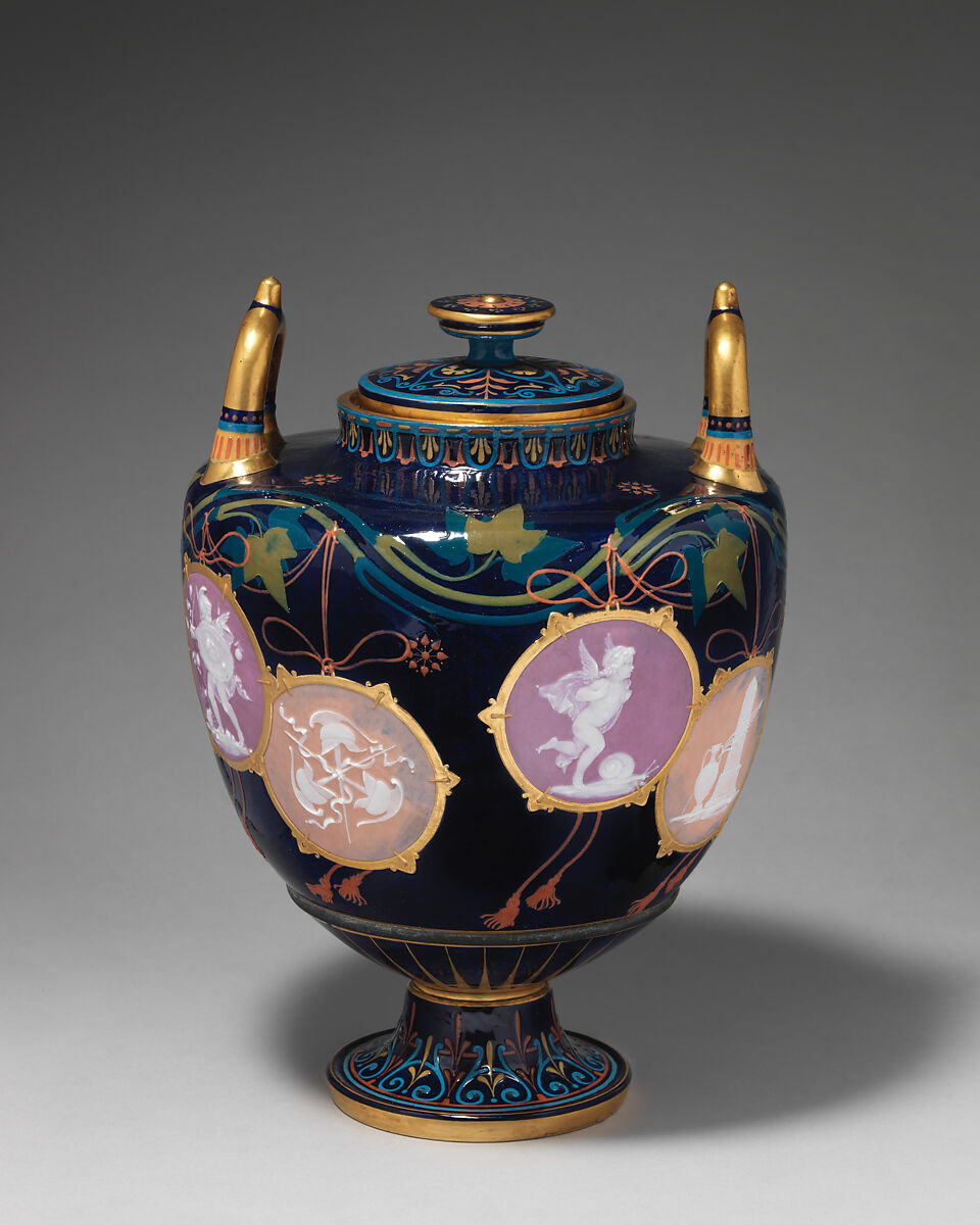 "Pompeian" vase with cover (one of a pair), Minton(s) (British, Stoke-on-Trent, 1793–present), Pâte-sur-pâte with gilding and enamel decoration, British, Stoke-on-Trent, Staffordshire