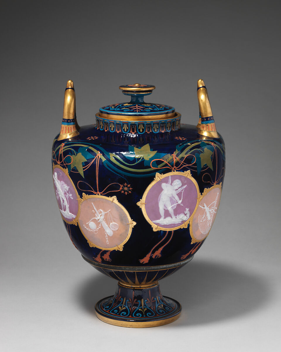 "Pompeian" vase with cover (one of a pair), Minton(s) (British, Stoke-on-Trent, 1793–present), Pâte-sur-pâte with gilding and enamel decoration, British, Stoke-on-Trent, Staffordshire 