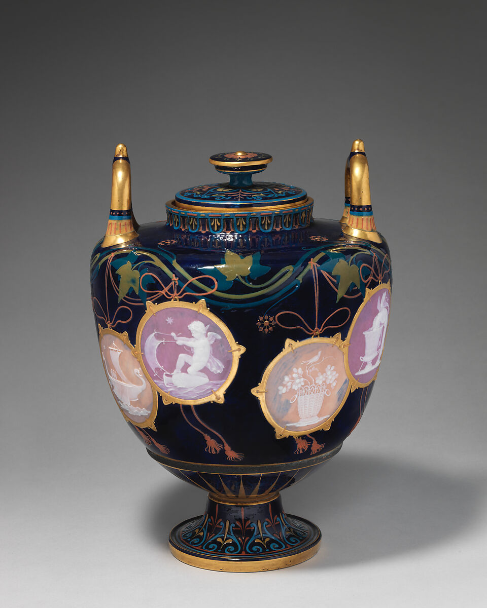 "Pompeian" vase with cover (one of a pair), Minton(s) (British, Stoke-on-Trent, 1793–present), Pâte-sur-pâte with gilding and enamel decoration, British, Stoke-on-Trent, Staffordshire 