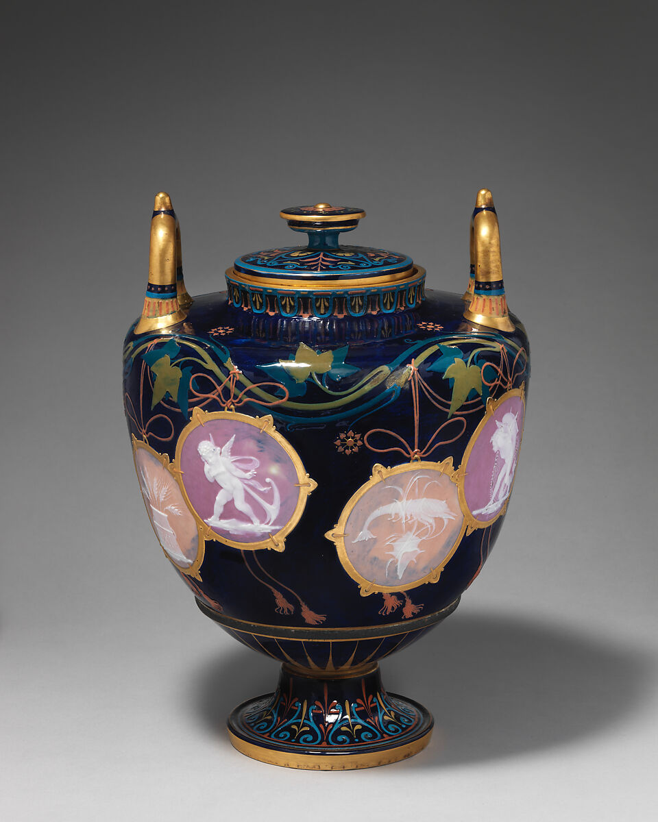 "Pompeian" vase with cover (one of a pair), Minton(s) (British, Stoke-on-Trent, 1793–present), Pâte-sur-pâte with gilding and enamel decoration, British, Stoke-on-Trent, Staffordshire