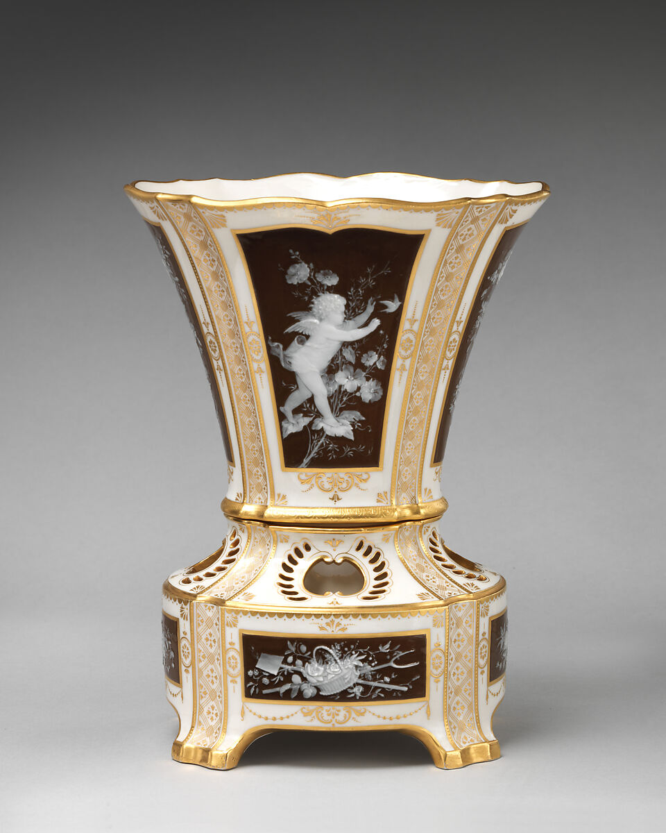 Bulb Vase (one of a pair), Minton(s) (British, Stoke-on-Trent, 1793–present), Pâte-sur-pâte on bone china with gilding, British, Stoke-on-Trent, Staffordshire 
