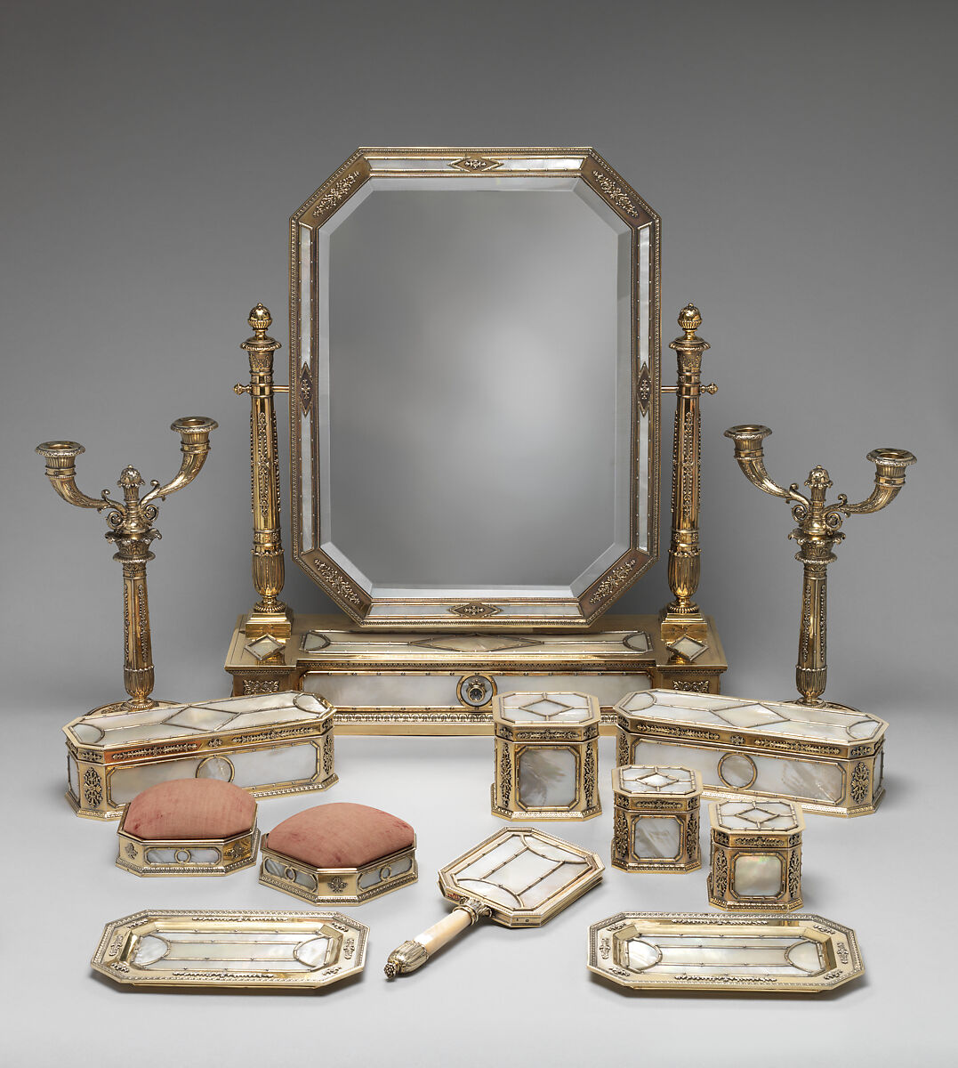 Dressing table set, André Aucoc, Silver gilt, mother-of-pearl, red velvet, French, Paris 