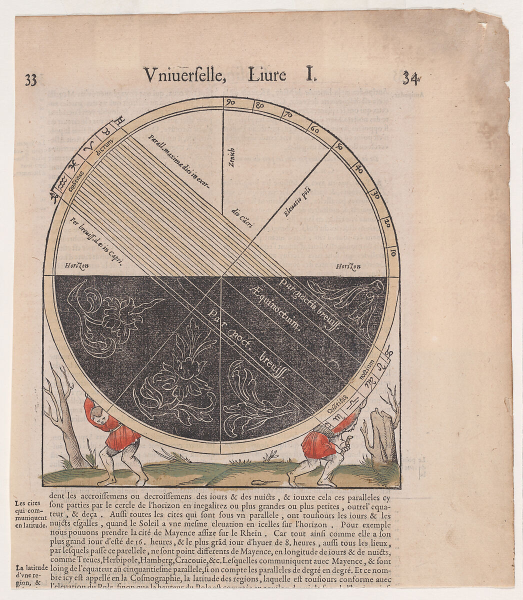 Page from the Münster Chronick, Anonymous, German, 16th century, Woodcut with hand coloring in brown, green and red and letterpress text on verso. 