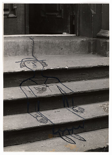 [Woman on Steps], Saul Steinberg (American (born Romania), Râmincul-Sarat 1914–1999 New York), Gelatin silver print with applied media 