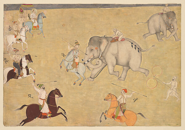 Prince Aurangzeb On Looks An Enraged Elephant, Opaque watercolor, gold and silver paint on paper 