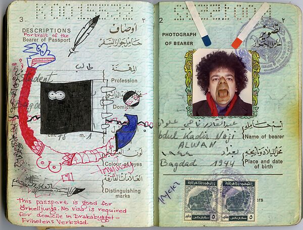 Visa sans planète (Visa without a Planet), Abdel Kader El-Janabi (Iraqi, born Baghdad, 1944), Pencil, ink, and cut-and-pasted photographs and papers on a printed passport with box by Ann Ethuin 