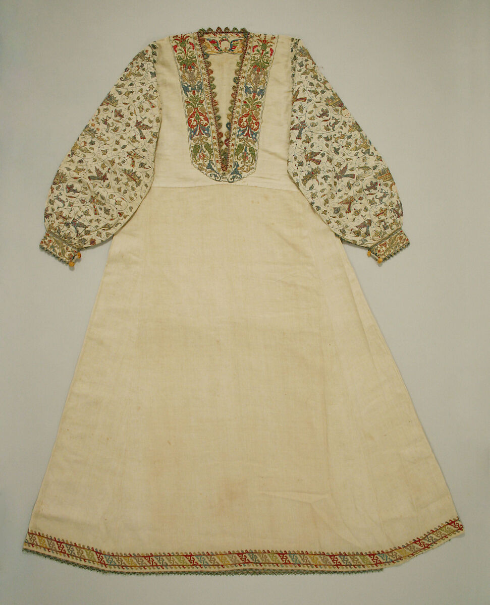 Smock, linen, silk and metal thread, Italian 