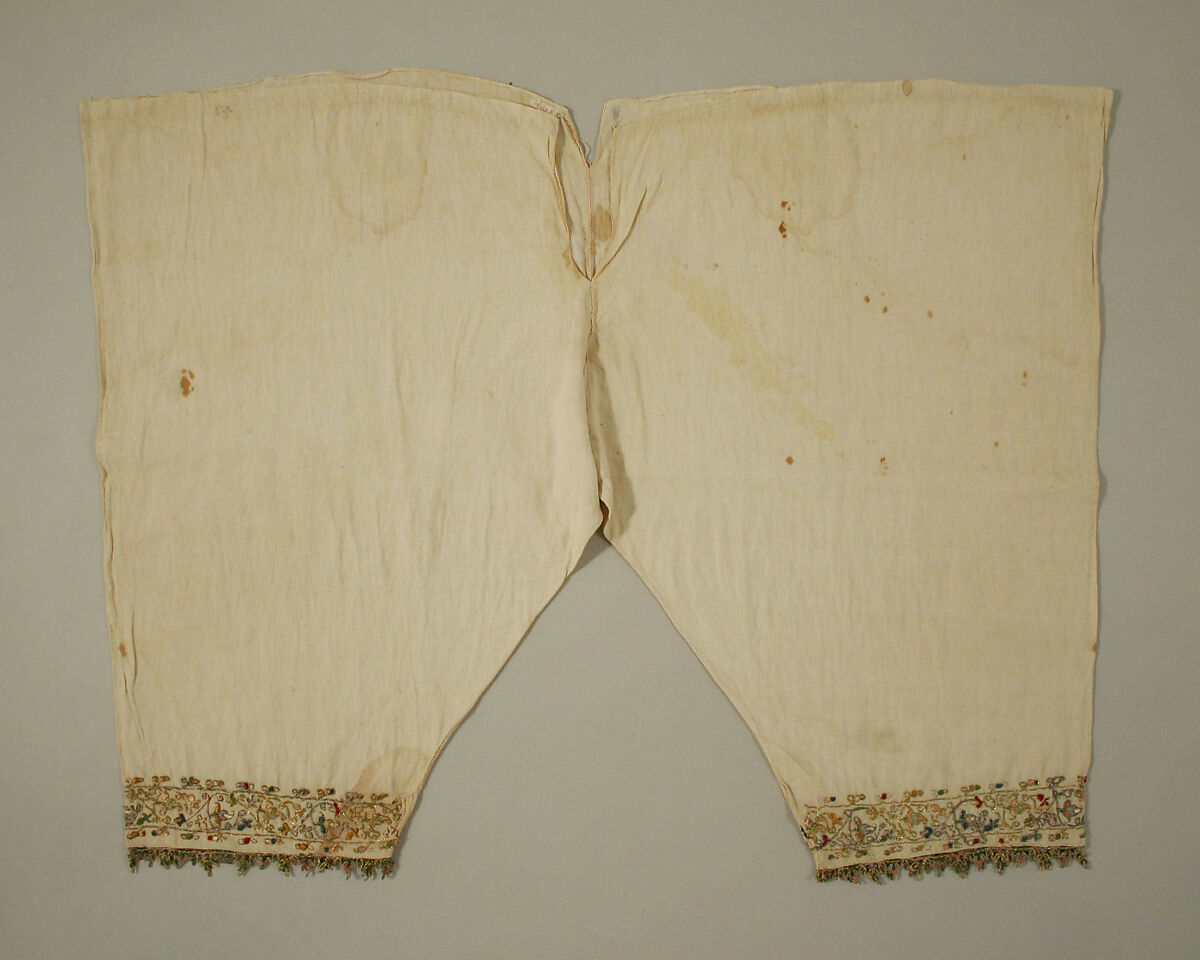Trousers, linen, silk and metal thread, Italian 