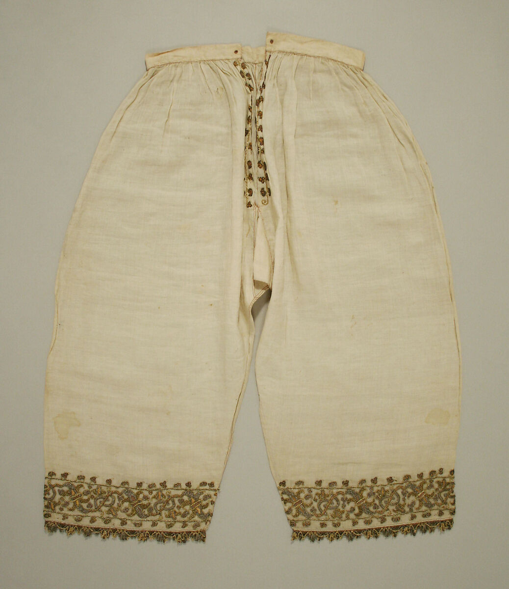 Trousers, linen, silk and metal thread, Italian 