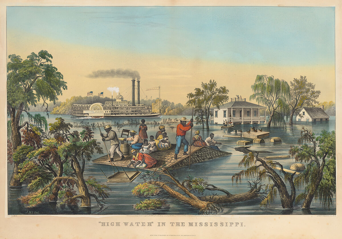 "High Water" in the Mississippi, Frances Flora Bond Palmer (American (born England), Leicester 1812–1876 New York), Hand-colored lithograph 