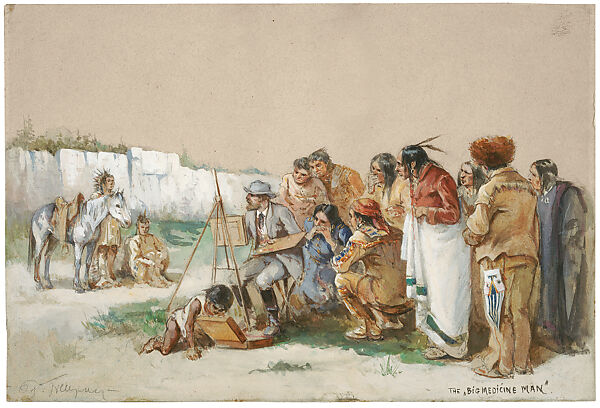 The "Big Medicine Man", Paul Frenzeny (American (born France), 1840–1902 London), Transparent and opaque watercolor over graphite pencil on blue-gray paper, American 