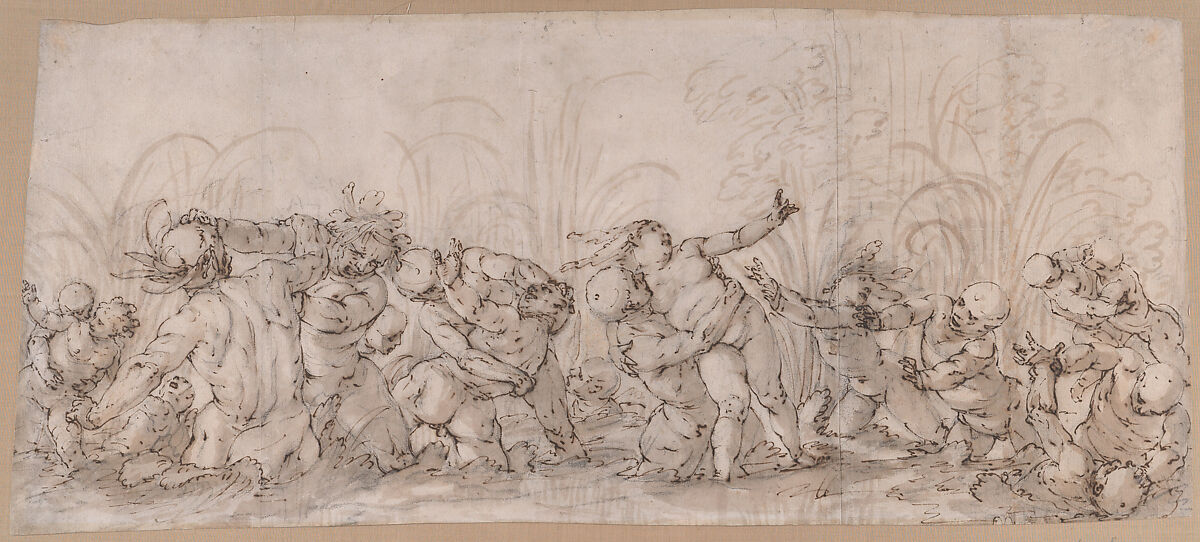 Tritons Abducting Nereids, Luca Cambiaso (Italian, Moneglia 1527–1585 Madrid), Pen and dark brown ink, brush and grayish brown wash, over black chalk on three glued sheets of paper. The original paper surface is glued onto the mount; verso not visible. 