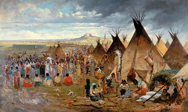 Gathering of the Clans, also known as Lakota Encampment, Jules Tavernier  American, born France, Oil on canvas, American