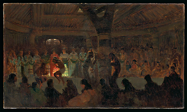 Study for Dance in a Subterranean Roundhouse at Clear Lake, California, Jules Tavernier (American (born France), Paris 1844–1889 Honolulu, Hawaii), Oil on canvas, American 