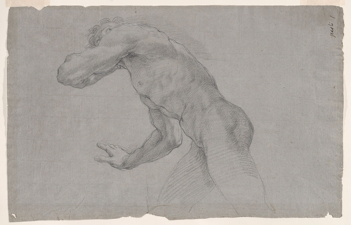 Double-sided Sheet of Figural Studies: (recto) Study of a Nude Man in an Action Pose Seen from the Side and in Three-quarter Length; (verso) Study of Christ in the Baptism, Standing in a Frontal View., Giacomo Zoboli (Italian, Modena 1681–1767 Rome), Black chalk, highlighted with white chalk, on blueish gray paper. 