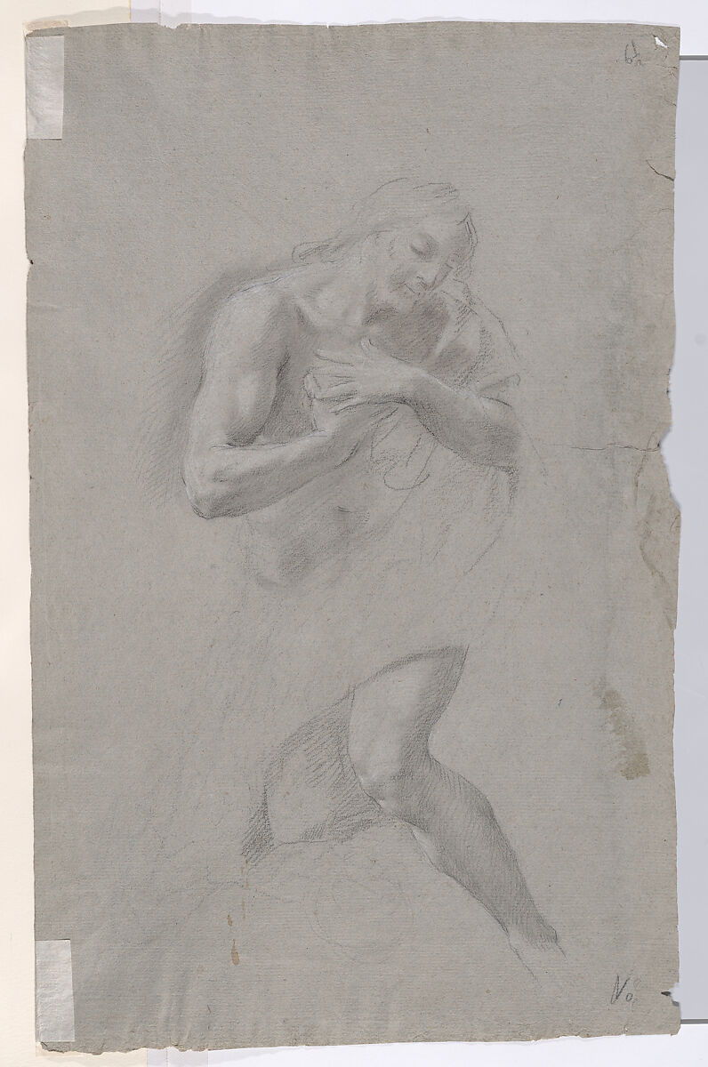 Double-sided Sheet of Figural Studies: (recto) Study of a Nude Man in an Action Pose Seen from the Side and in Three-quarter Length; (verso) Study of Christ in the Baptism, Standing in a Frontal View., Giacomo Zoboli (Italian, Modena 1681–1767 Rome), Black chalk, highlighted with white chalk, on blueish gray paper.