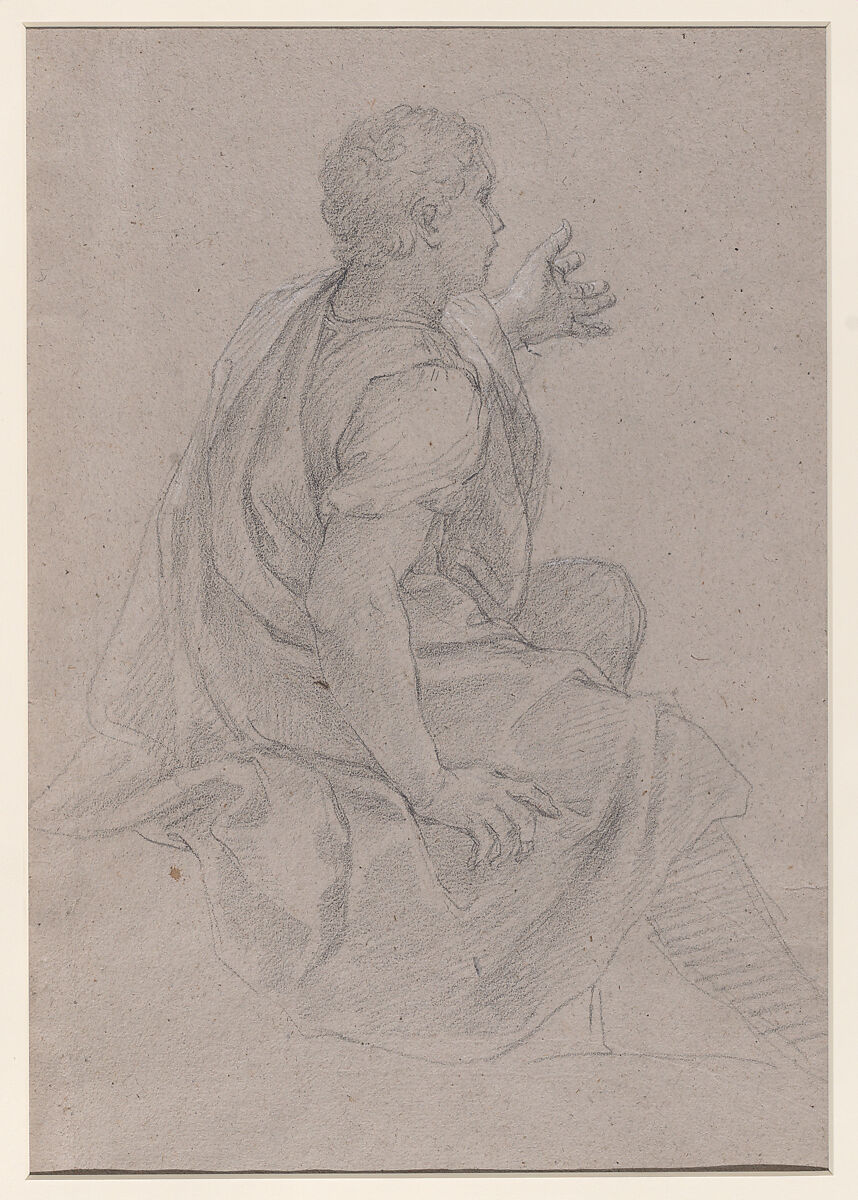 Double-sided sheet of Figural Studies: (recto) Studies of a Young Man Holding a Stone Seen in Half-length; (verso) Seated Young Man Seen in Three-quarter View from Behind, Facing Right., Giacomo Zoboli (Italian, Modena 1681–1767 Rome), Black chalk, highlighted with white chalk, on gray paper