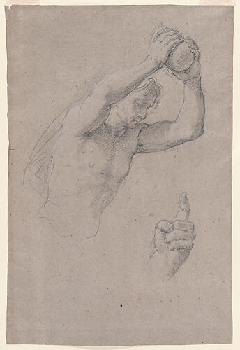 Double-sided sheet of Figural Studies: (recto) Studies of a Young Man Holding a Stone Seen in Half-length; (verso) Seated Young Man Seen in Three-quarter View from Behind, Facing Right.