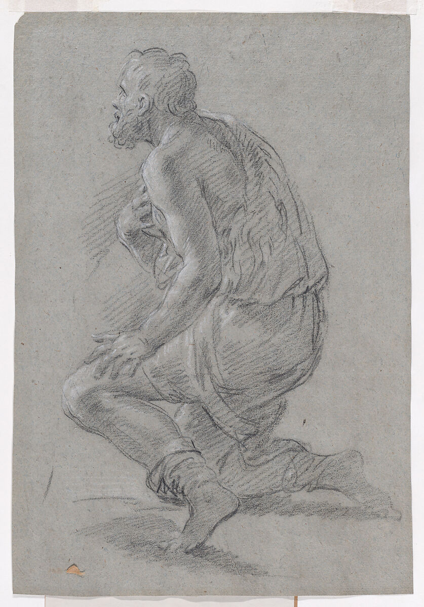 Study of Male Figure Kneeling in a Three-Quarter View, Facing Left  (a Shepherd), Giacomo Zoboli (Italian, Modena 1681–1767 Rome), Black chalk, highlighted with white chalk, on gray paper 