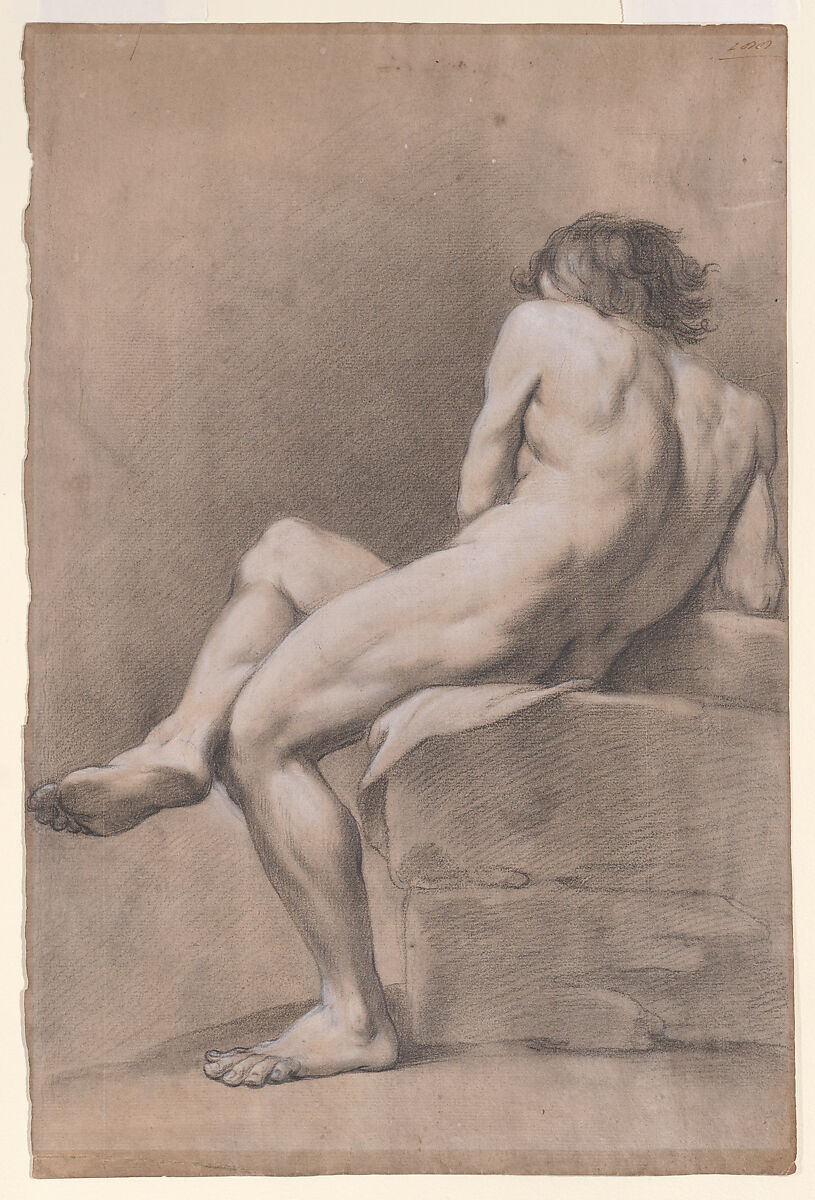 Finished Academy Study of a Seated Male Figure, Giacomo Zoboli (Italian, Modena 1681–1767 Rome), Black chalk, highlighted with white chalk, on brownish tinted paper 