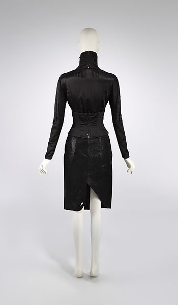 Ensemble, Olivier Theyskens (Belgian, born 1977), (a) cotton, jet, metal; (b) silk, jet, mother-of-pearl; (c) leather, synthetic fiber, metal; (d, e) leather, plastic, Belgian