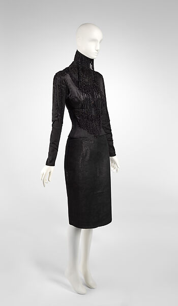 Ensemble, Olivier Theyskens (Belgian, born 1977), (a) cotton, jet, metal; (b) silk, jet, mother-of-pearl; (c) leather, synthetic fiber, metal; (d, e) leather, plastic, Belgian