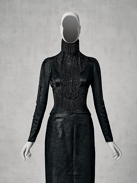 Ensemble, Olivier Theyskens  Belgian, (a) cotton, jet, metal; (b) silk, jet, mother-of-pearl; (c) leather, synthetic fiber, metal; (d, e) leather, plastic, Belgian