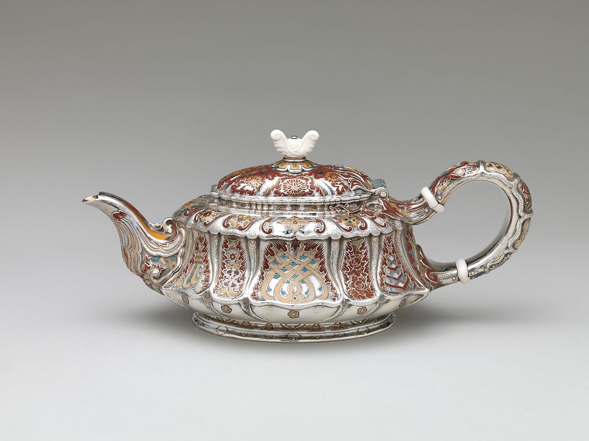 Teapot, Tiffany &amp; Co. (1837–present), Silver, silver-gilt, enamel and ivory, American 