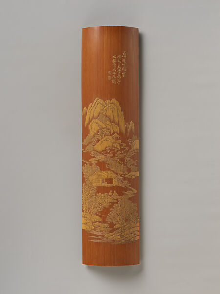 Wrist rest decorated with landscape, Jin Xiya (Chinese, 1890–1979), Bamboo carved in relief, China 