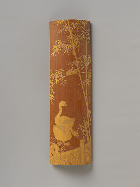 Wrist rest decorated with geese, sparrows, bamboo, and rock, Jin Xiya (Chinese, 1890–1979), Bamboo carved in relief, China 