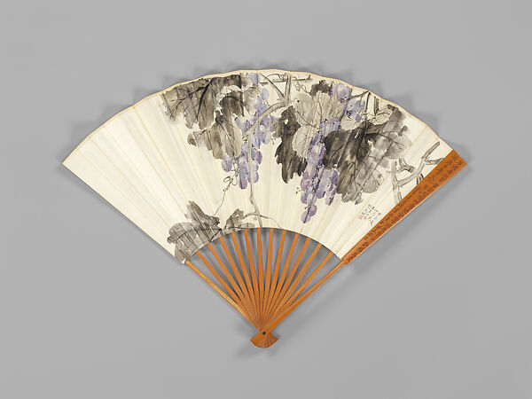 Carved fan, grapevines and calligraphy, Bamboo frame carving by Jin Xiya (Chinese, 1890–1979), Folding fan; ink and color on paper with carved bamboo frame, China 