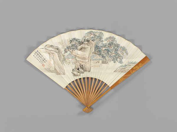 Carved fan, water pavilion by a pine bluff and calligraphy, Bamboo frame carving by Jin Xiya (Chinese, 1890–1979), Folding fan; ink and color on paper with carved bamboo frame, China 