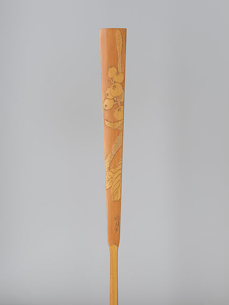 Carved fan, water pavilion by a pine bluff and calligraphy, Bamboo frame carving by Jin Xiya (Chinese, 1890–1979), Folding fan; ink and color on paper with carved bamboo frame, China