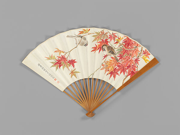 Carved fan, birds amid autumn maple leaves, Bamboo frame carving by Jin Xiya (Chinese, 1890–1979), Folding fan; ink and color on paper with carved bamboo frame, China 