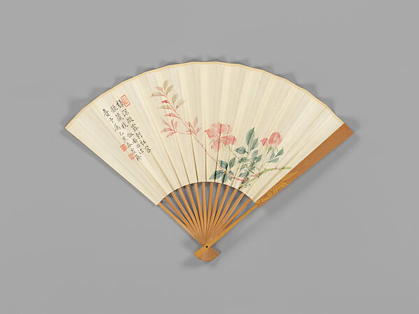 Carved fan, blossoming roses and excerpt from the Commentary on the Water Classic, Bamboo frame carving by Jin Xiya (Chinese, 1890–1979), Folding fan; ink and color on paper with carved bamboo frame, China 