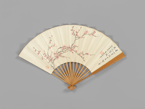 Carved fan, branches of blossoming plum and calligraphy, Bamboo frame carving by Jin Xiya (Chinese, 1890–1979), Folding fan; ink and color on paper with carved bamboo frame, China 
