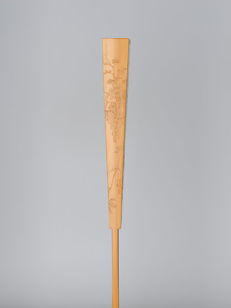 Carved fan, branches of blossoming plum and calligraphy, Bamboo frame carving by Jin Xiya (Chinese, 1890–1979), Folding fan; ink and color on paper with carved bamboo frame, China