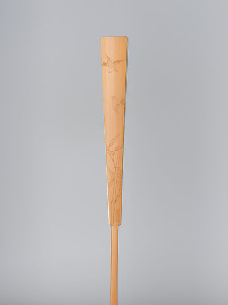 Carved fan, branches of blossoming plum and calligraphy, Bamboo frame carving by Jin Xiya (Chinese, 1890–1979), Folding fan; ink and color on paper with carved bamboo frame, China