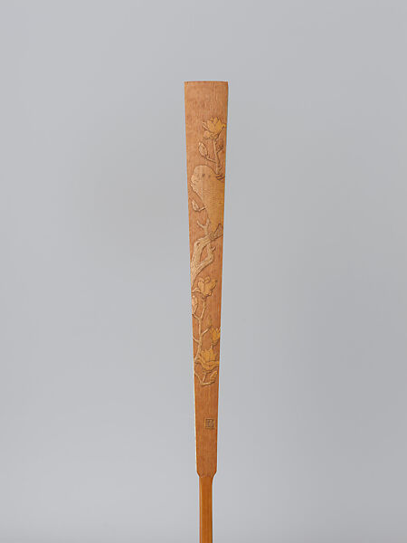 Carved fan, calligraphy, Bamboo frame carving by Jin Xiya (Chinese, 1890–1979), Folding fan; ink on gold-flecked paper with carved bamboo frame, China