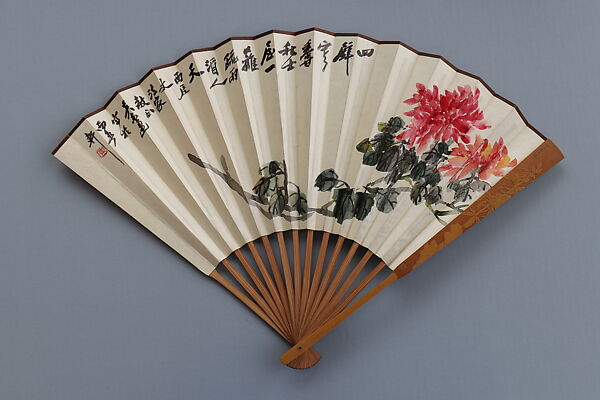 Carved fan, peony blossoms and calligraphy, Bamboo frame carving by Jin Xiya (Chinese, 1890–1979), Folding fan; ink and color on paper with carved bamboo frame, China 