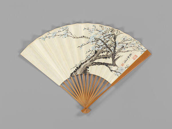 Carved fan with plum-blossom painting, Jin Xiya  Chinese, Folding fan; ink and color on paper with carved bamboo frame, China