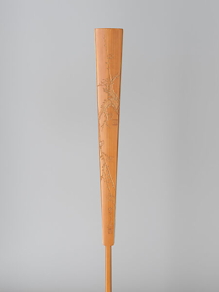 Carved fan with plum-blossom painting, Bamboo carving by Jin Xiya (Chinese, 1890–1979), Folding fan; ink and color on paper with carved bamboo frame, China