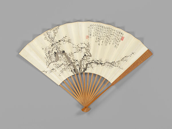 Carved fan with plum-blossom painting, Bamboo frame carving by Jin Xiya (Chinese, 1890–1979), Folding fan; ink and color on paper with carved bamboo frame, China 